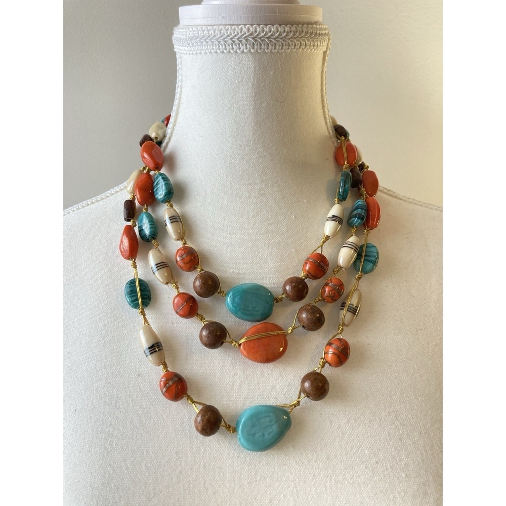 Artisan Multi Strand Beaded Necklace Orange Teal & Brown Gold Tone Earthy Artsy
